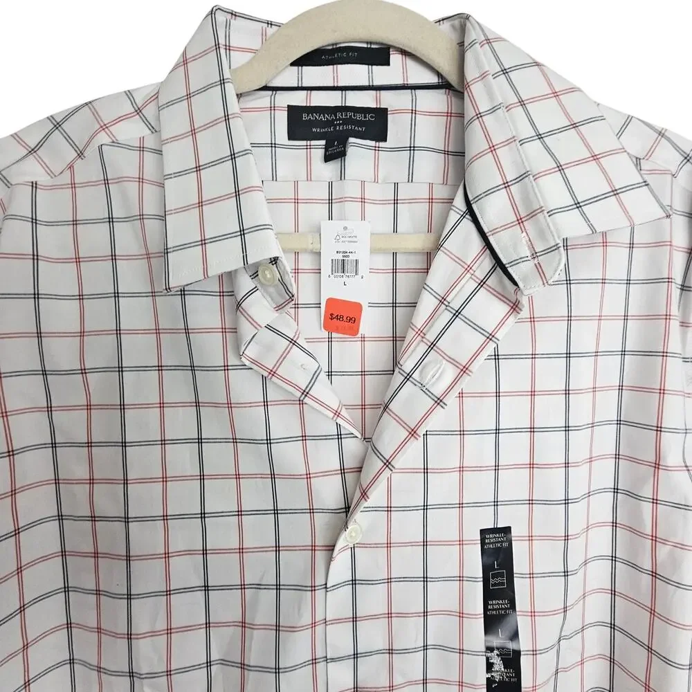 Banana Republic Mens Wrinkle Resistant Check Dress Shirt L Athletic Fit Classic
